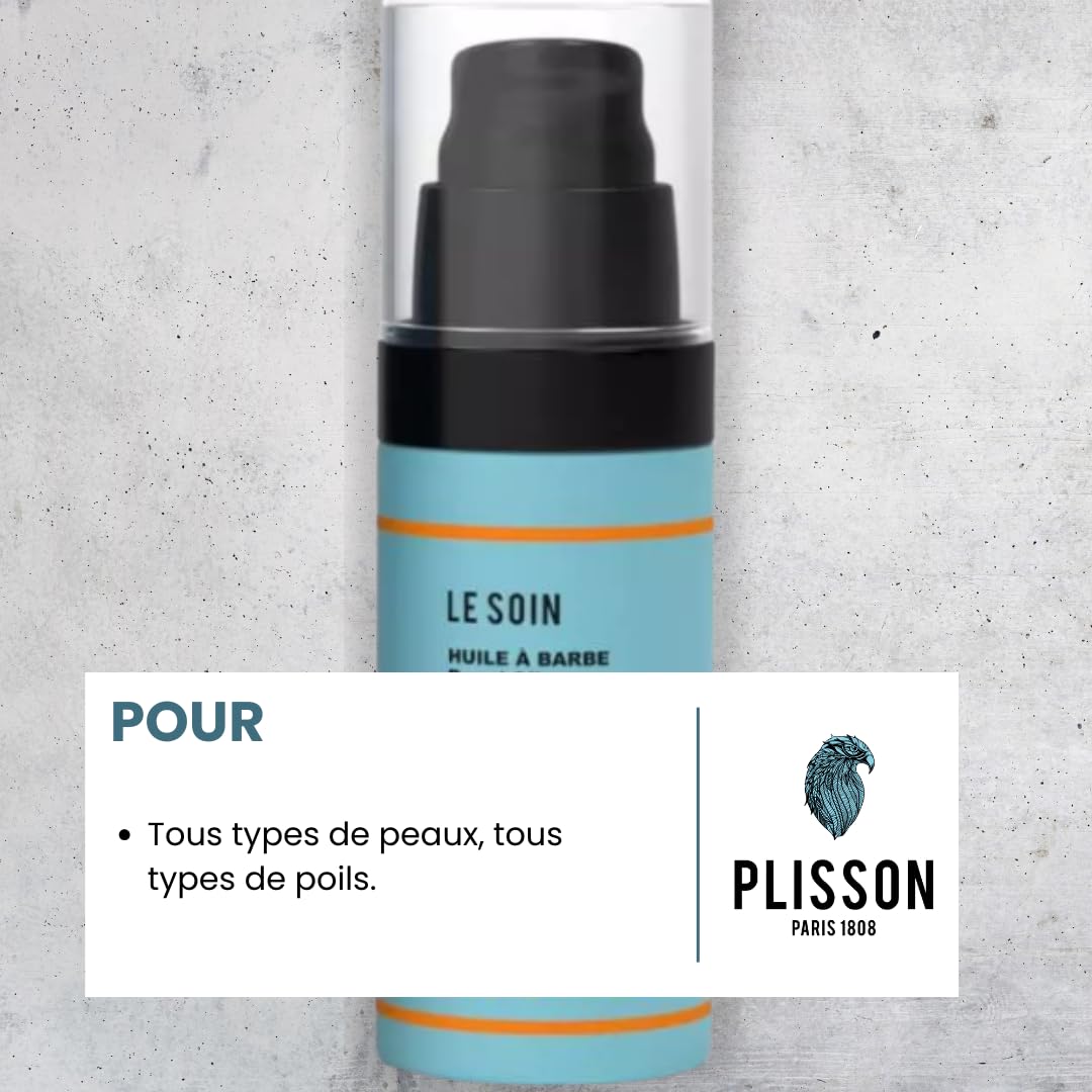 Plisson - Huile à Barbe aux 6 Huiles, Enrichie à la Vitamine E Naturelle - 99% d’Ingrédients d’Origine Naturelle - Fabrication Française - 30 ml