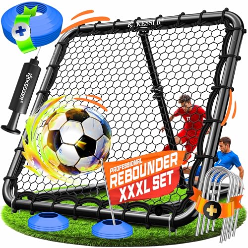 KESSER® Fußball Rebounder 100x100 cm | Verstellbares Trainingsnetz | Pass- und Schusstraining | inkl. Luftpumpe, 6 Markierungshütchen & 4 Widerstandshaken | für Handball, Volleyball | Prellwand
