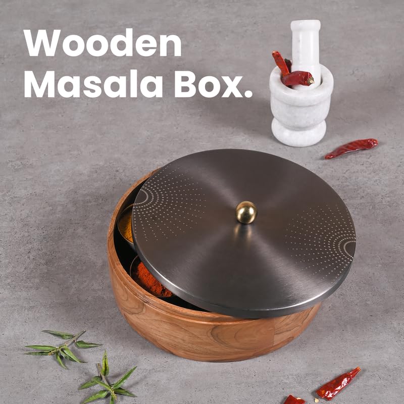 Image of Wooden Masala Box for Kitchen - 7 Stainless Steel Jars with Wooden Spoon | Stainless Steel Brass Lid with Knob | Multipurpose Dry Fruit & Spice Storage - GunMetal (SunRays Laser Etching)