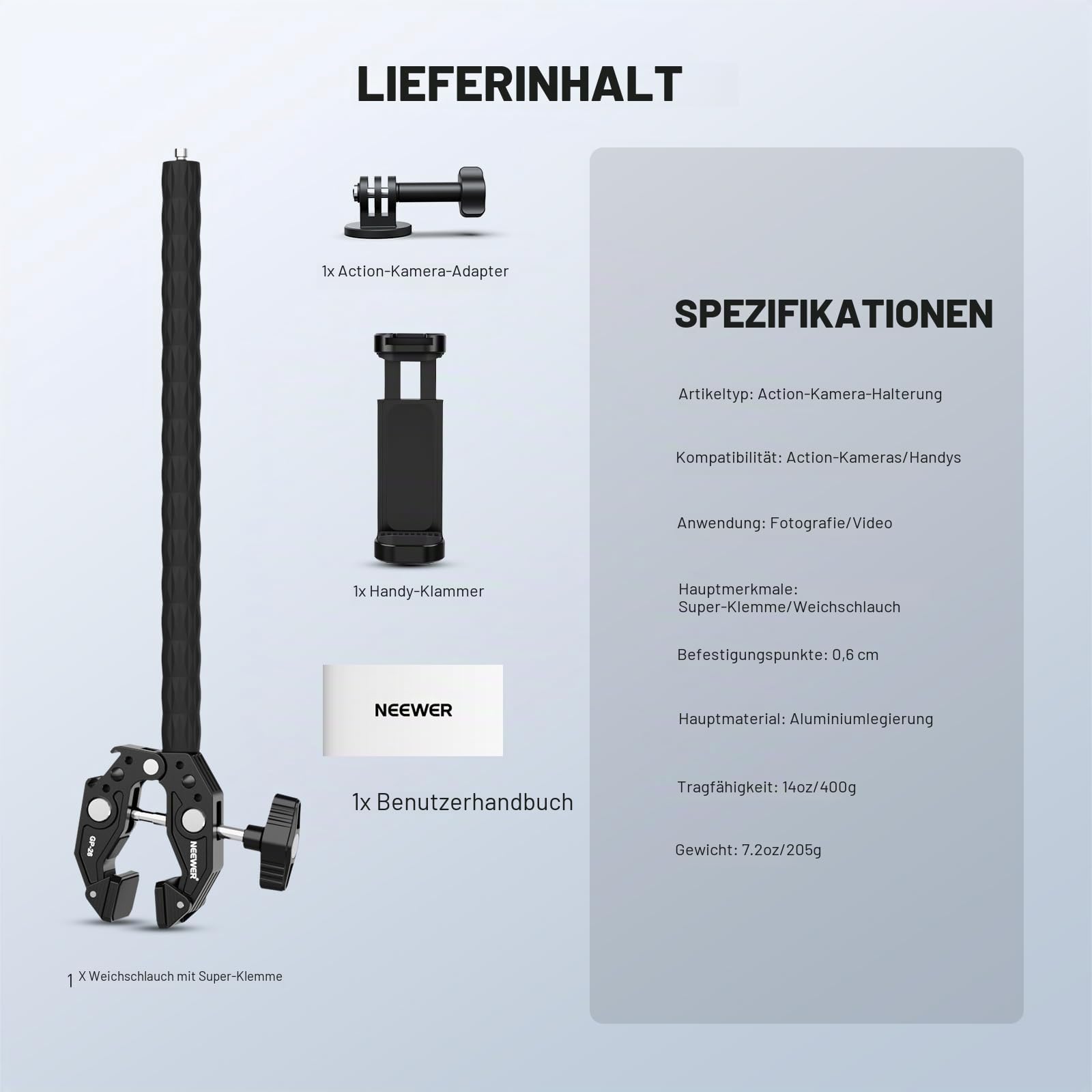 NEEWER Actionkamera Halterung Set mit Super Clamp, weichem Schlauch, verstellbarer Halterung für flache/runde Oberflächen, kompatibel mit GoPro, Insta360, DJI Actionkamera, Handy, GP-26