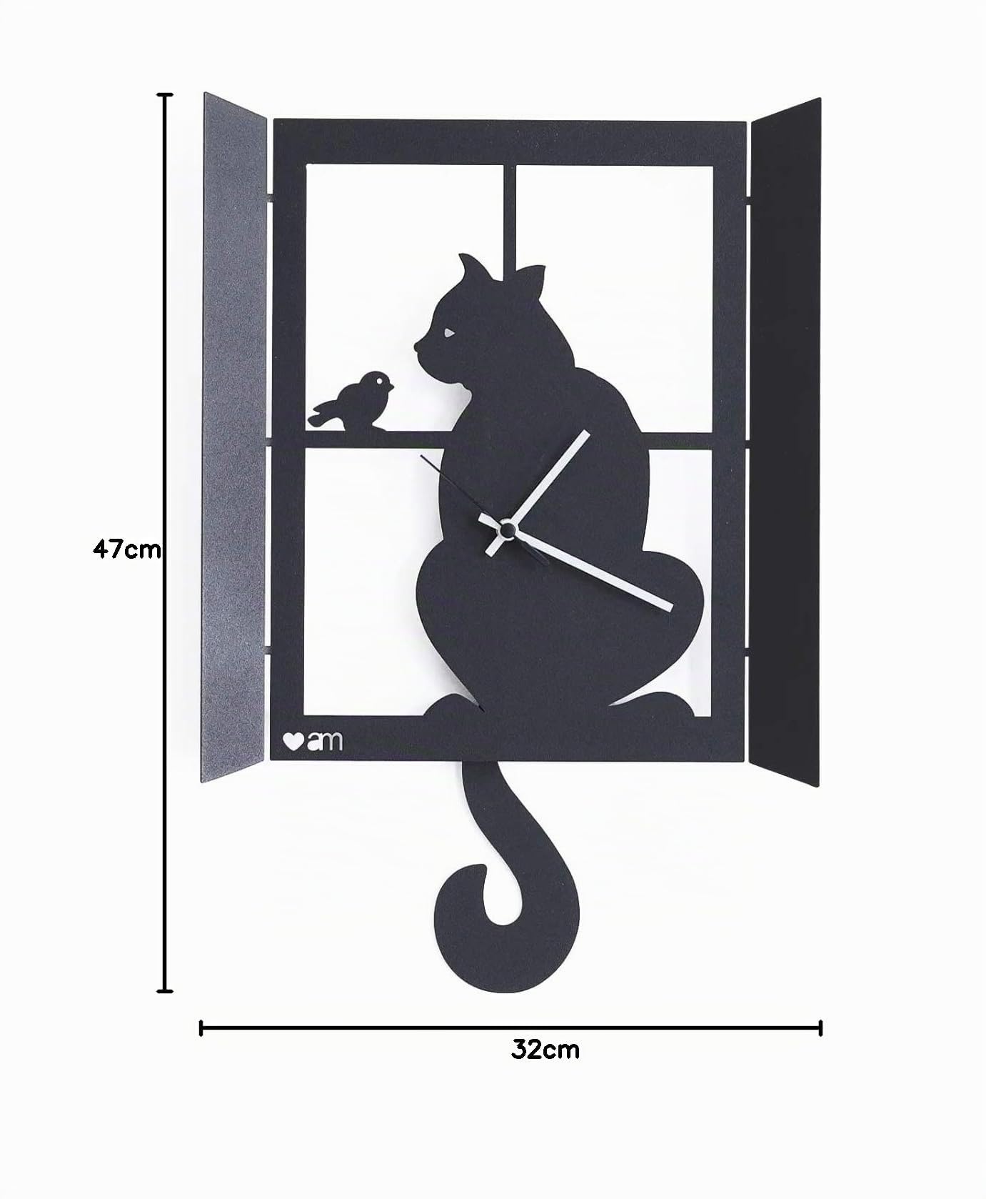 Arti & Mestieri Gatto alla Finestra - Orologio da Parete con Pendolo di Design 100% Made in Italy - in Ferro, 32 x 47 cm - Nero Goffrato