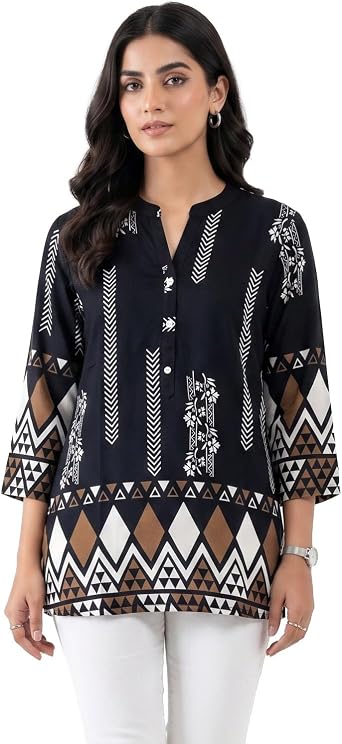 ladyline Womens Premium Rayon Ethnic Print Tunic Top - Henley Neck Button-Down Shirt 3/4 Sleeves Casual Blouse