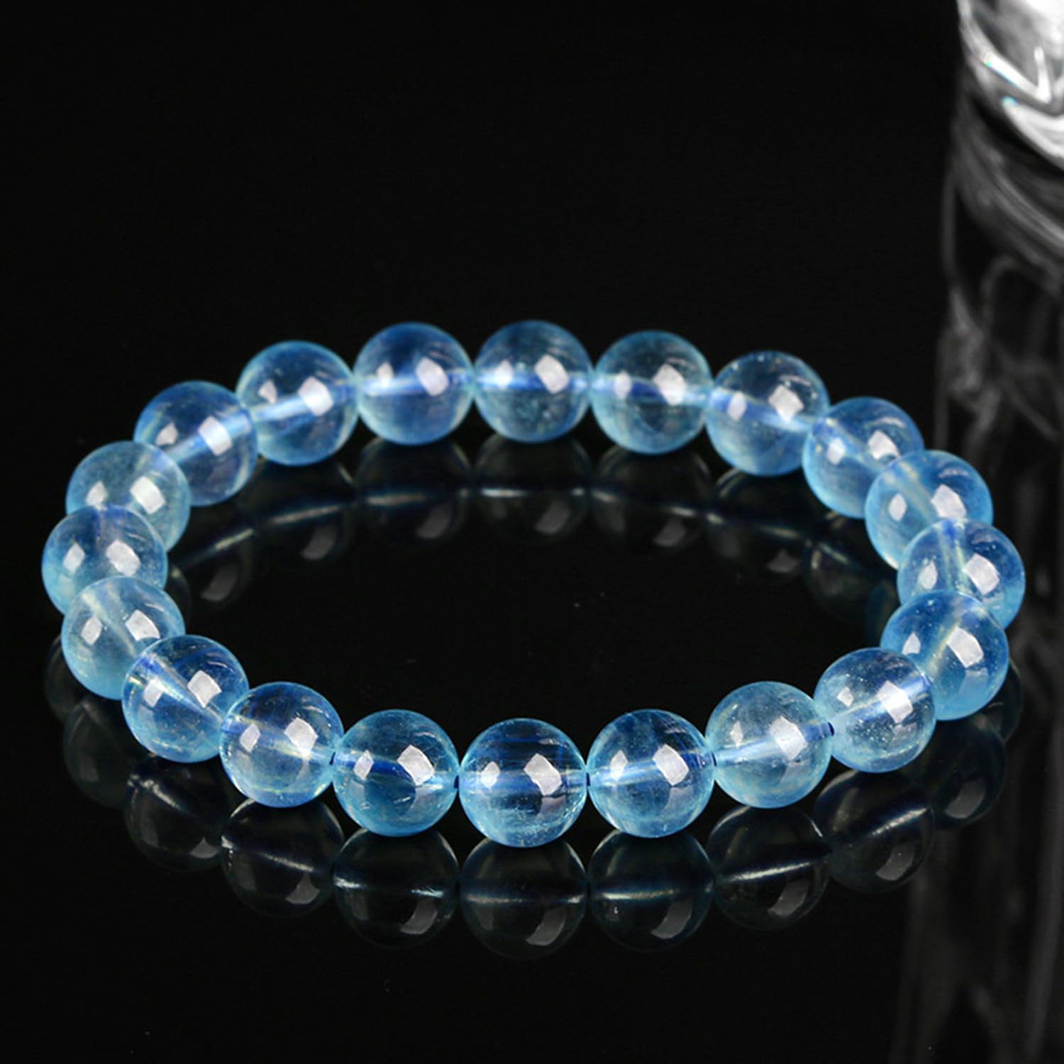 Pulsera redonda elástica de aguamarina azul, pulseras de cuarzo natural | Regalo de joyería espiritual hecho a mano para mujeres y hombres, mejora la energía positiva