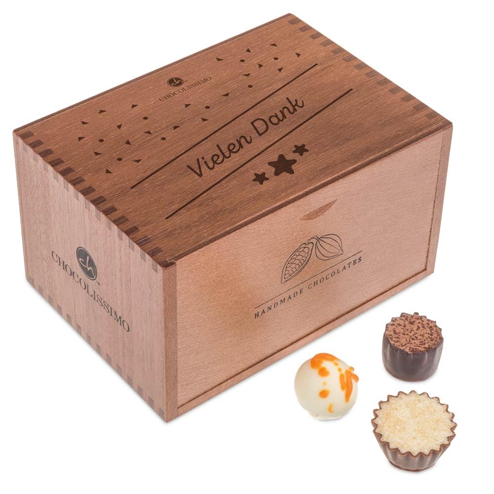 CHOCOLISSIMO - 20belgische Pralinen in Holzkästchen mit Danksagung und eingravierten Wunschtext | Schokolade | individuelle Geschenkidee | Mann | Frau | Holzkästchen mit Personalisierung | Gravur