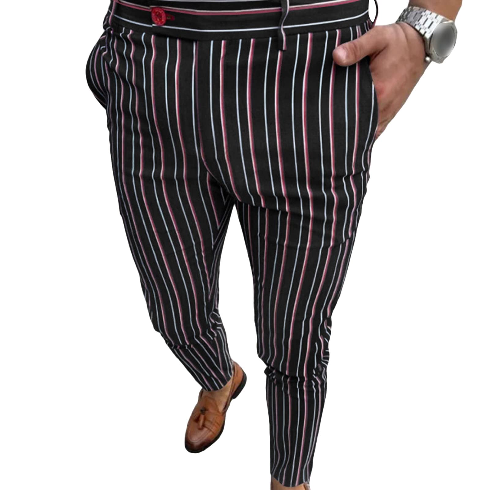Mens Stripe Printed Dress Pants Stylish Slim Tapered Fit Long Pants Flat Front Stretch Business Golf Trousers