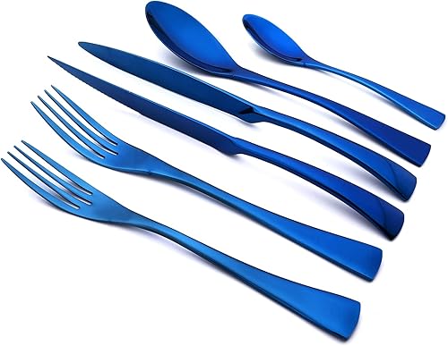 Juego de cubiertos azules de 24 piezas, espejo de acero inoxidable 1810, moderno y de lujo, con cuchillo dentado, cucharadita para uso diario o