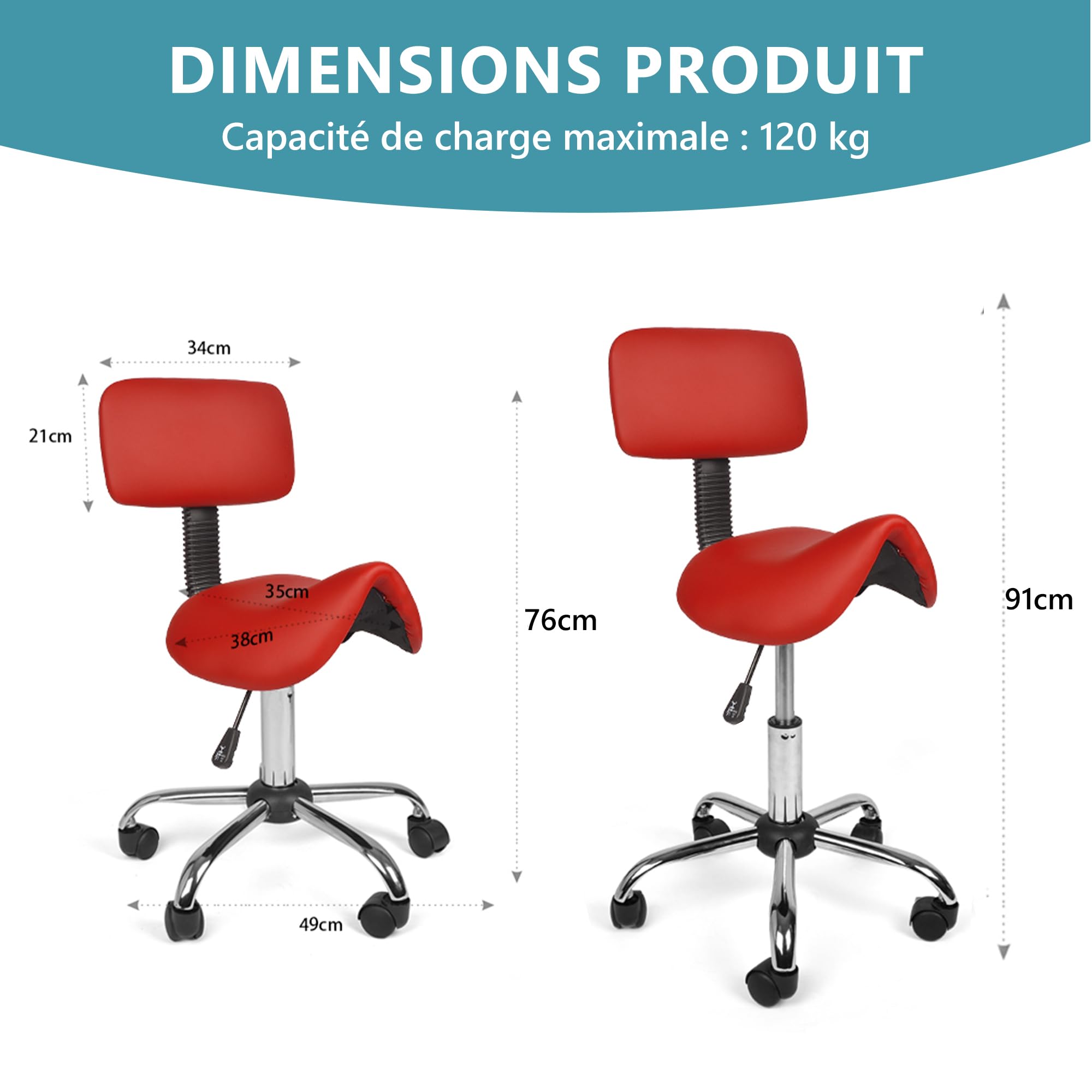 Mingone Tabouret de travail ergonomique pivotant à 360° - Hauteur réglable - Avec dossier à roulettes - Rouge