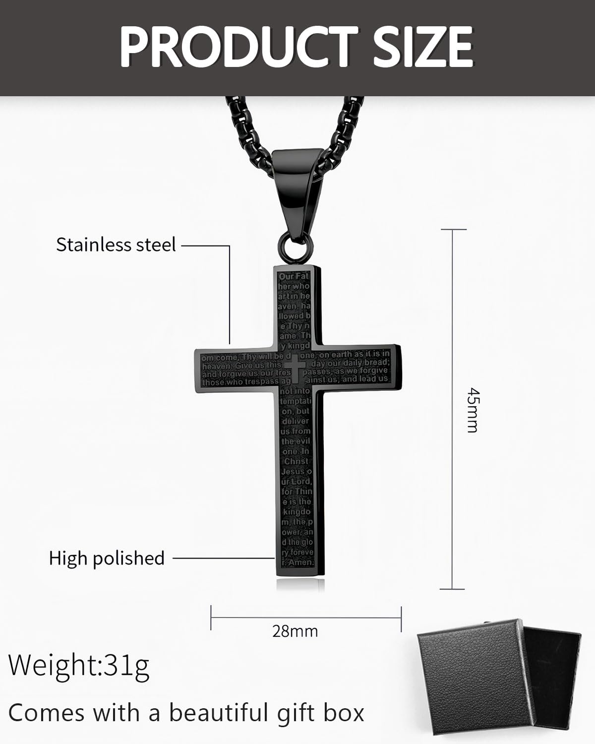 Collana Croce Uomo In Acciaio Inossidabile - Pendente 25x43 Mm, Catena 60 Cm