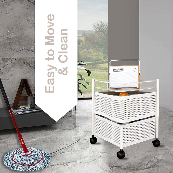Image of KITCHIVO Kitchen Storage Rack | Revolving Vegetable Rack | Square Multipurpose Storage Trolley with Wheels | Metal Fruit Rack (White, 2 Layer)