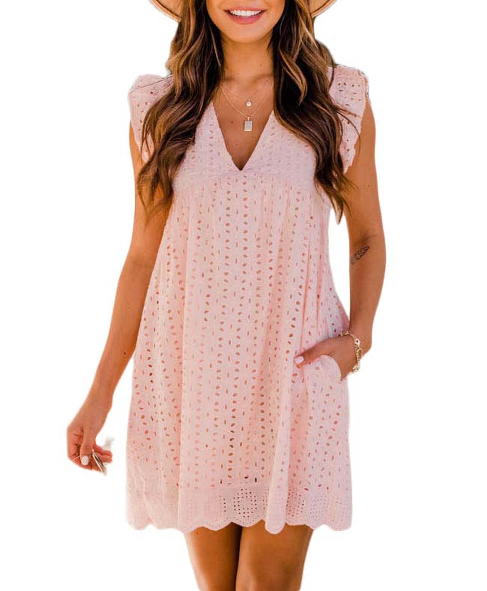 Women's Summer Dress with Built in Shorts Sexy Summer V Neck Ruffle Sleeve Lace California Romper Dresses for Women