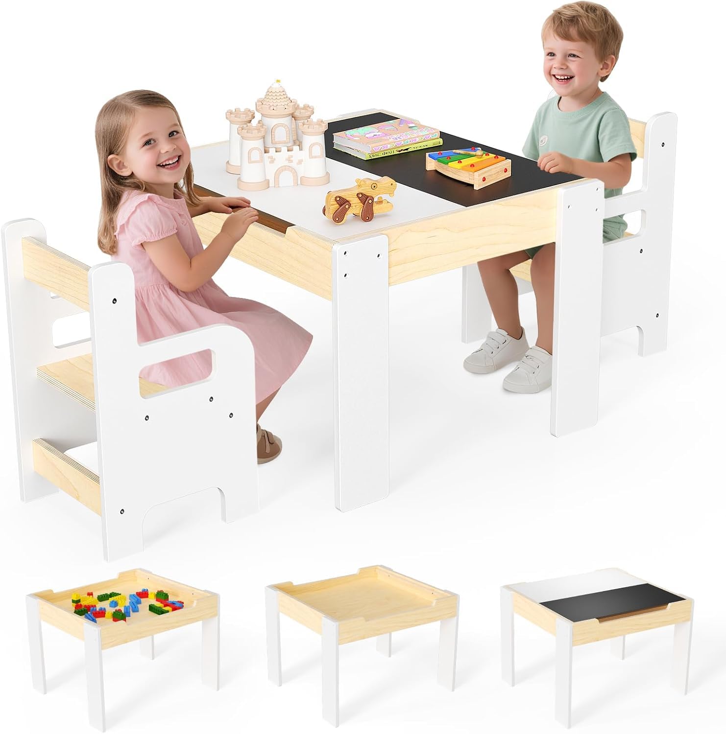 Conjunto de mesa y silla para niños, mesa y silla para leer comer jugar y jugar y jugar fácil de montar con bandeja reversible y extraíble y espacio de almacenamiento para niños de 1 a 3 años