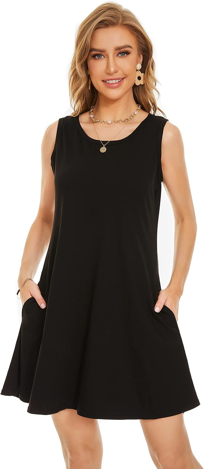 Summer Dresses for Women Beach Boho Sleeveless Vintage Floral Flowy Pocket Tshirt Tank Sundresses Large Solid Black