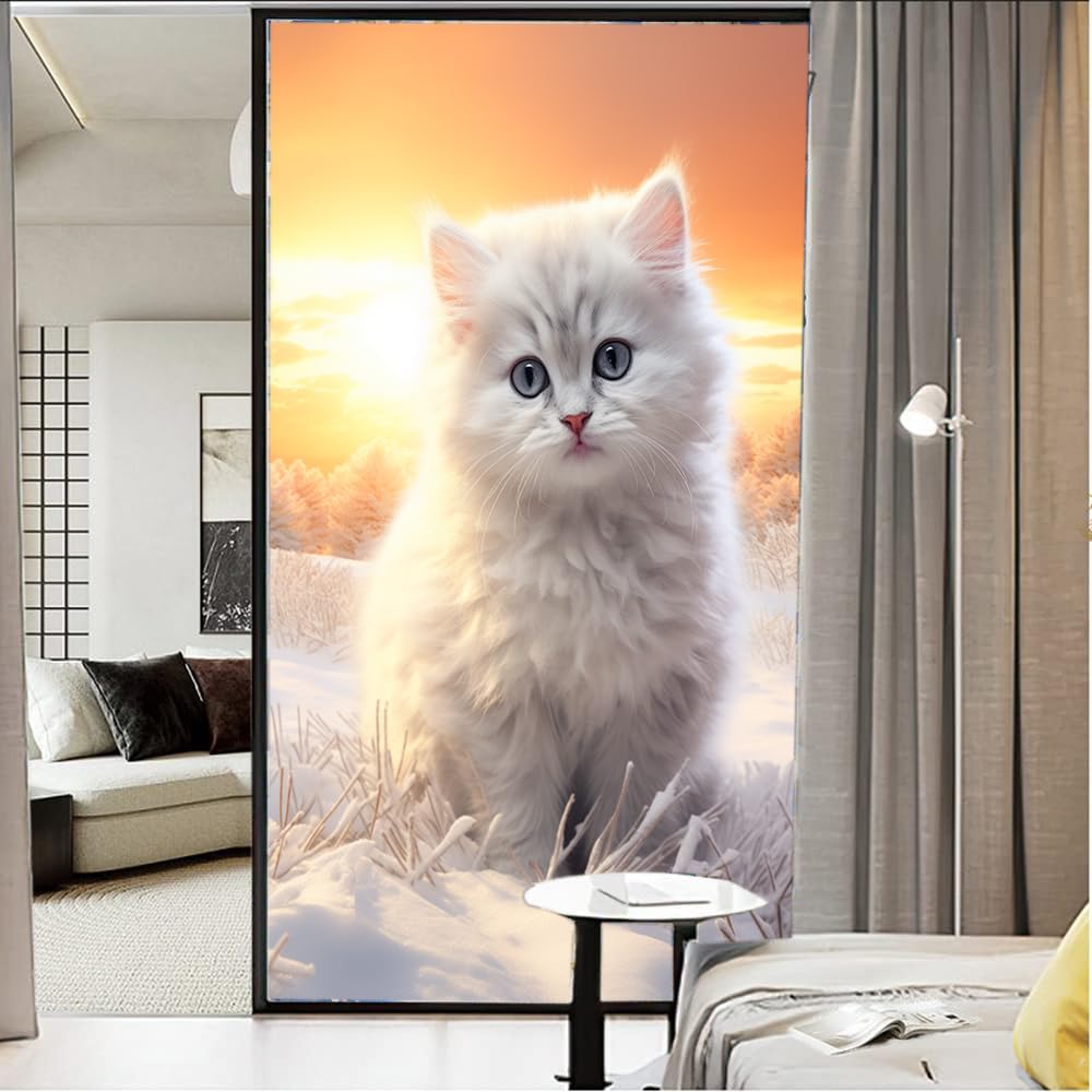 Pellicola per finestre in vetro colorato con gattino giocoso vintage animale carino gatto cattivo privacy pellicola per porte in vetro adesivo per finestre per bagno cucina 60 x 110 cm