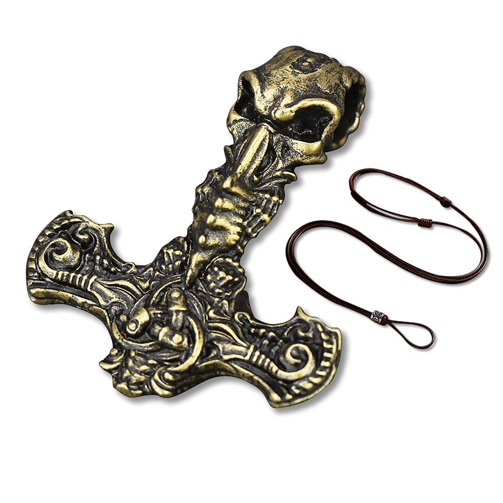 Handmade Retro Brass Thor Hammer Pendant with Adjustable Wax Rope Chain and Valknut Viking Leather Jewelry Bag
