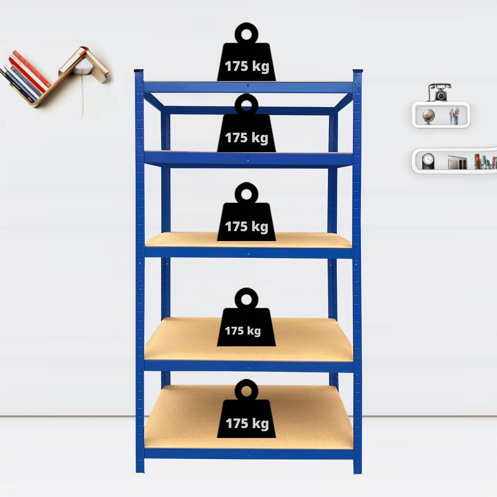 Scaffale in metallo blu, 200 x 100 x 50 cm (altezza x larghezza x profondità), unità a 5 strati, acciaio e MDF, componenti senza viti, scaffale per garage, ripiano regolabile, capacità totale 875 kg