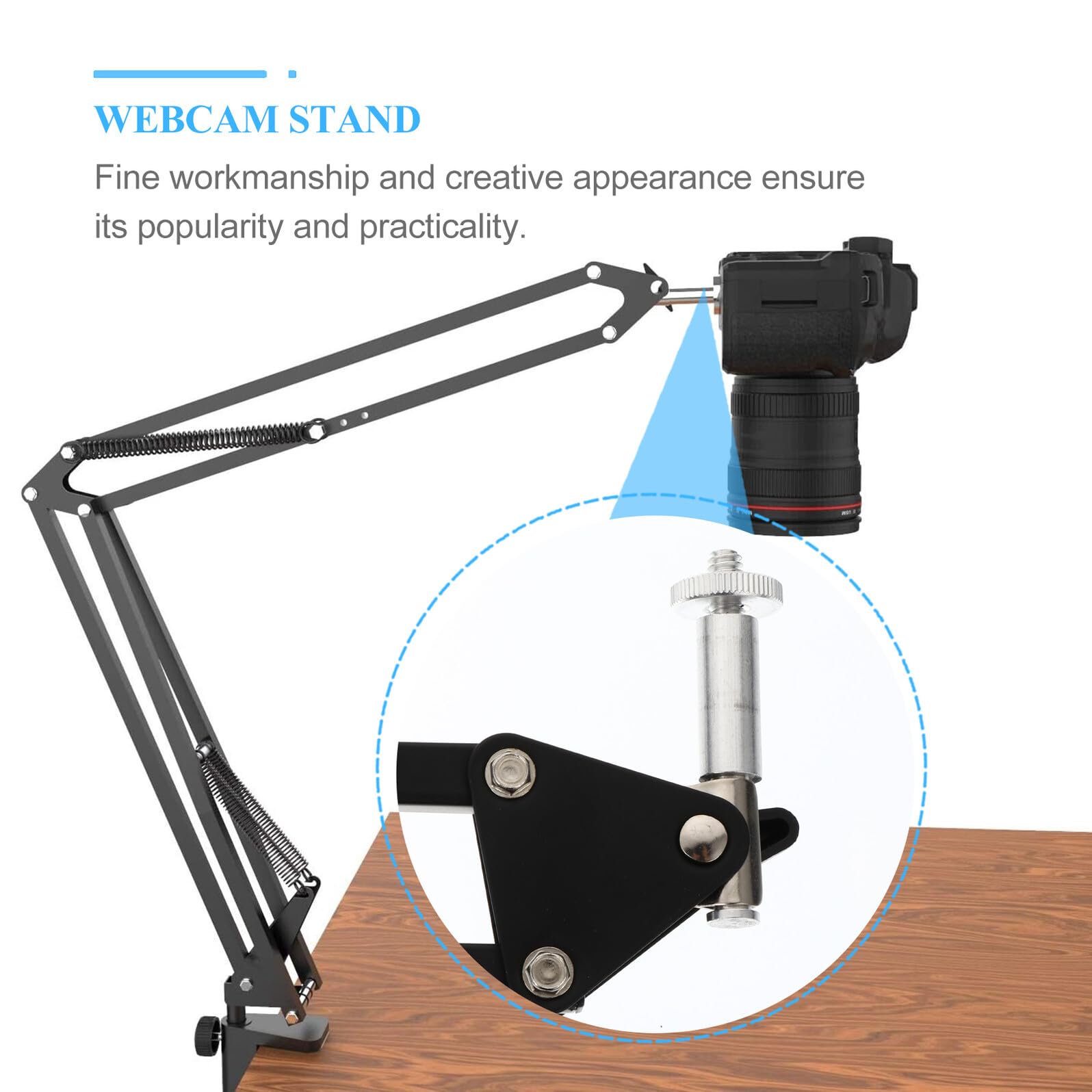 Support de Webcam Métallique Pince de Bureau, Bras Articulé Réglable 1/4 pour Fixation Caméra, Angle et Hauteur Ajustables, Utilisation Polyvalente pour Streaming