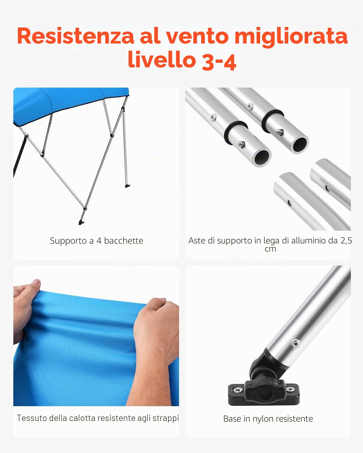 VEVOR Tendalino per Barca a 4 Archi in Poliestere 600D con Telaio in Lega di Alluminio, Tendalino Parasole Impermeabile per Barca con Borsa Portaoggetti, Larghezza 231 a 244 cm Blu Pacifico