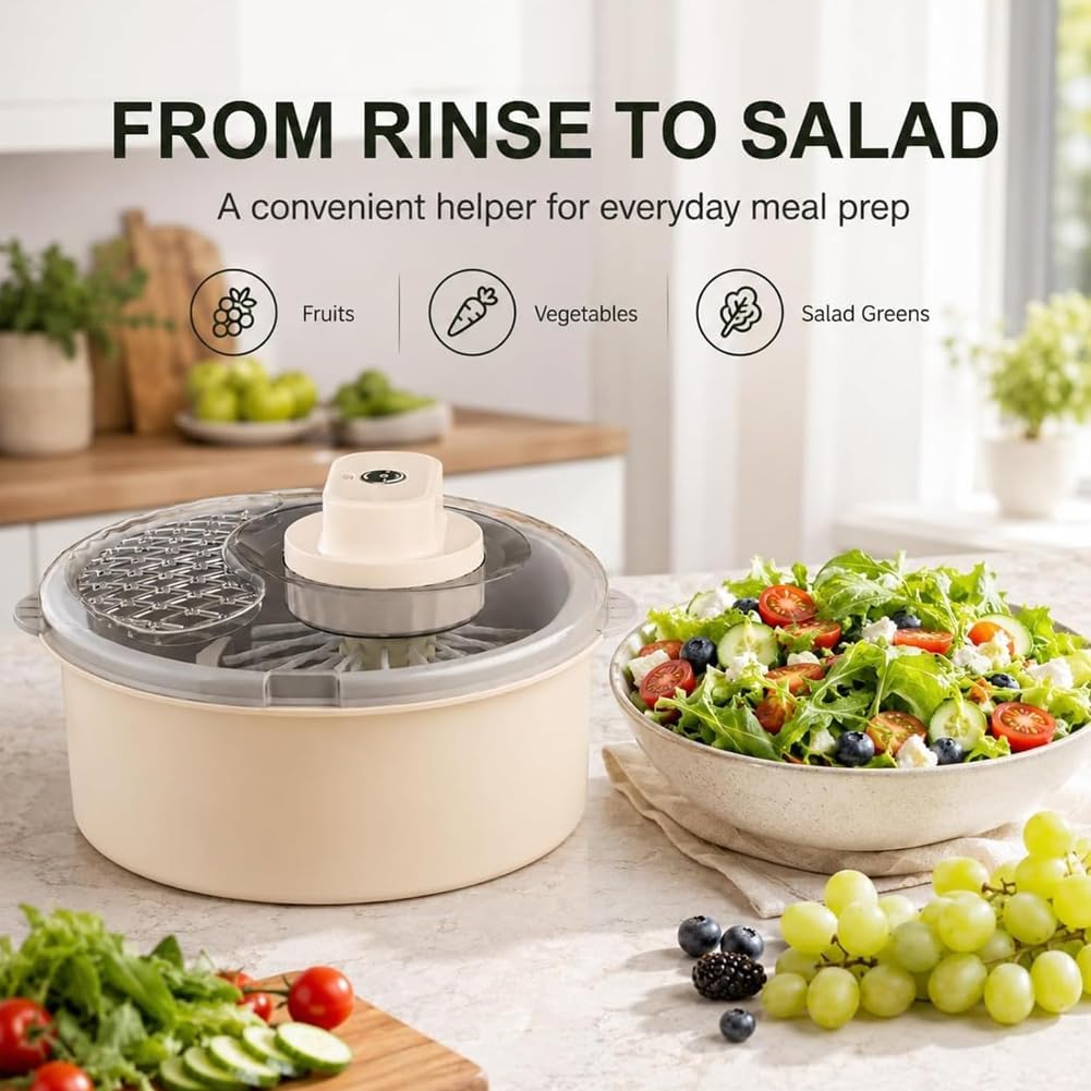 Pealeaf Centrifuga Elettrica Frutta E Verdura, Lava Insalata con Ciotola, Pulitore Automatico per Lattuga Bacche Erbe Base Antiscivolo (Beige,Manual)