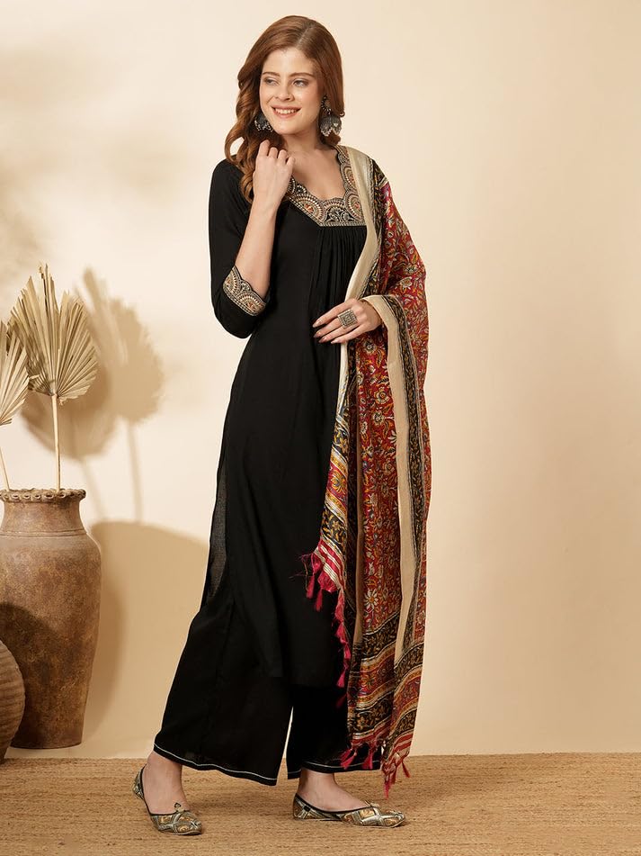 Image of Solid Ethnic Embroidered A-Line Pleated Kurta with Palazzo & Printed Dupatta