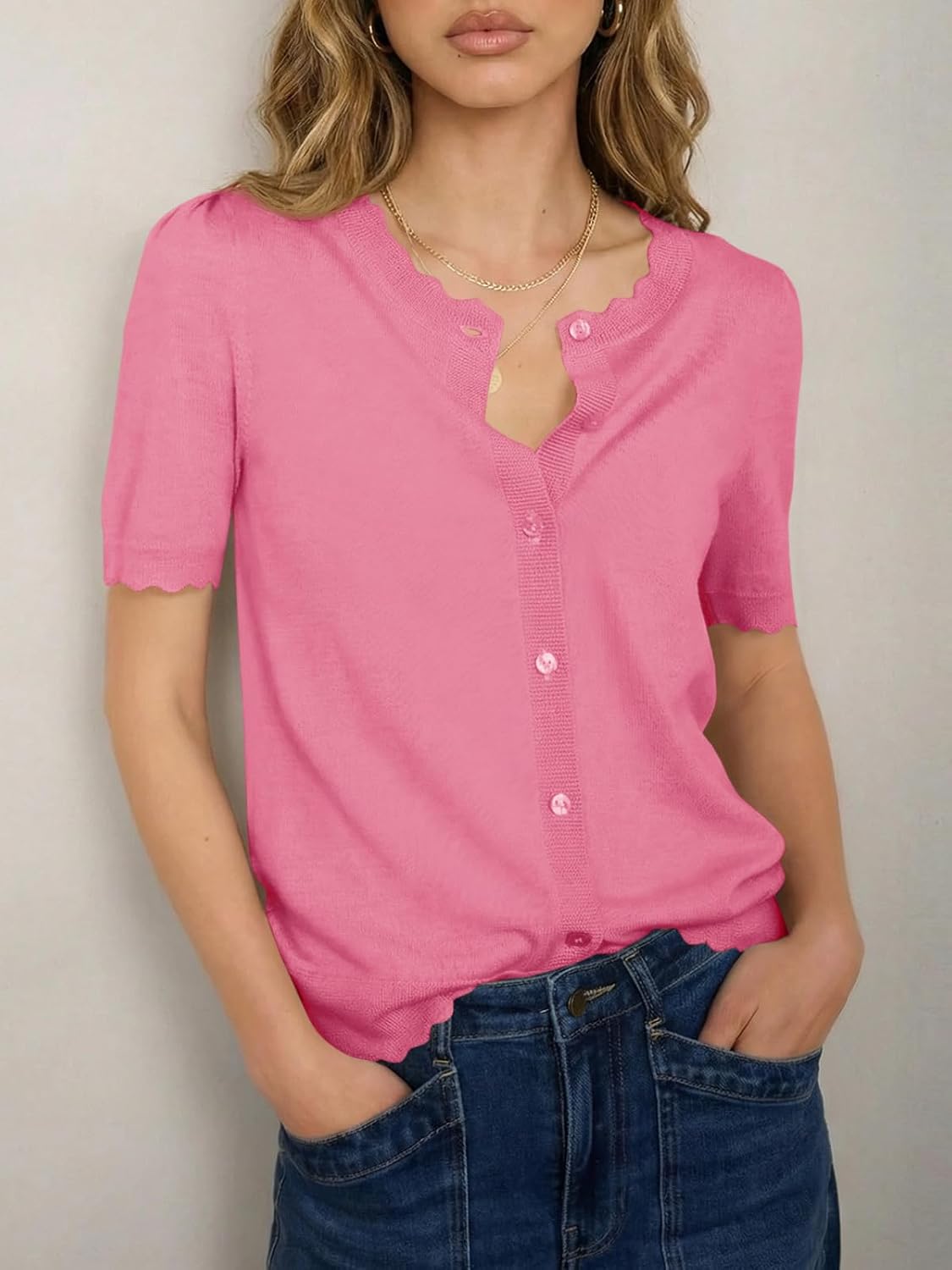 Saodimallsu Womens Puff Short Sleeve Cardigans Lightweight Button Down Shirts Crew Neck Casual Knit Sweater Tops - Image 5