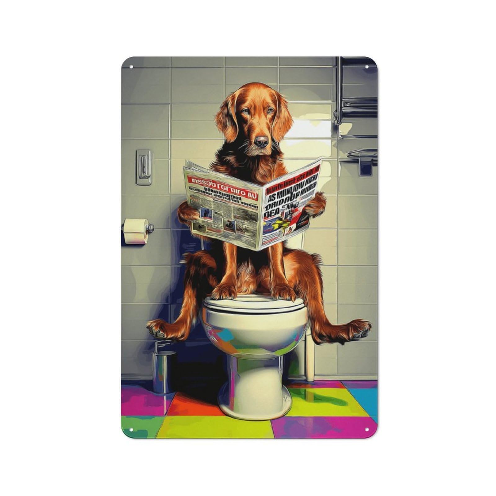 Junmoney Dog Reading Newspaper On Toilet-35 Country Metal Sign With Design 30X20cm, Farmhouse Farmhouse Wall Decor For Kitchen, Cottage, Porch Or Garden Room