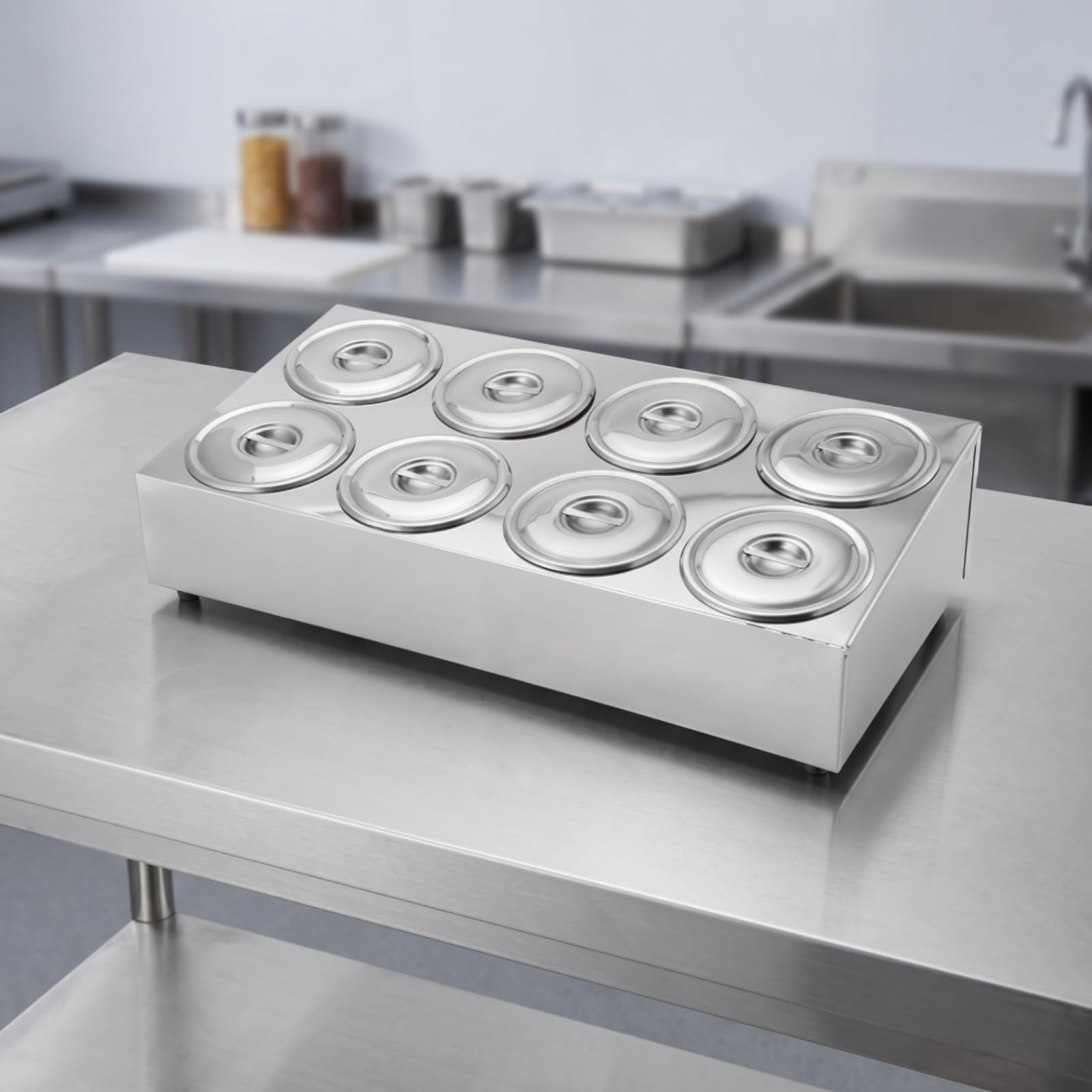 Contenedor de Condimentos Dispensador Organizador Estación Especiero Acero Inoxidable con 6 Compartimentos con Tapa Diseño Compacto con Patas Estables, Moderno Y Sencillo