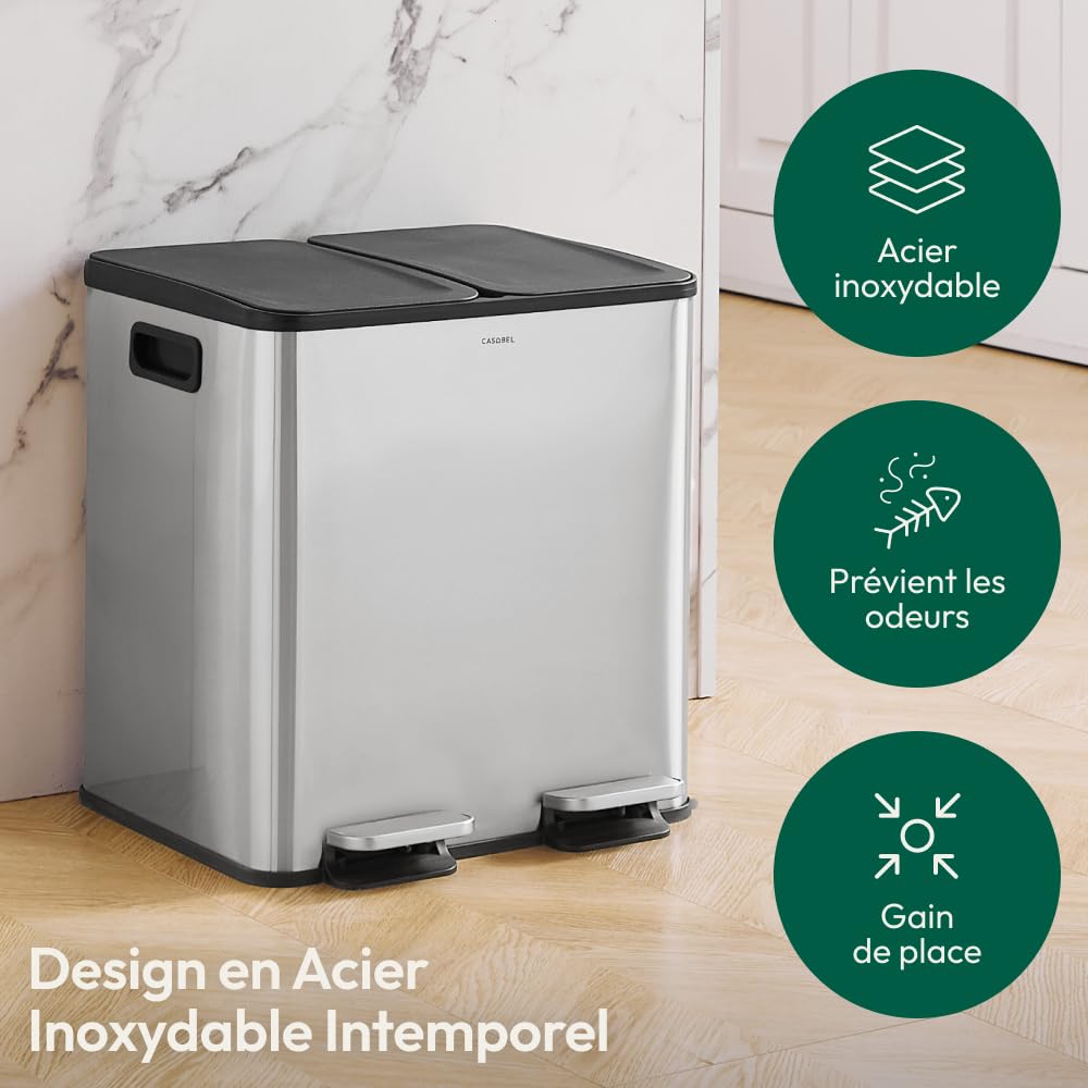 CASABEL Poubelle Cuisine Double 2x15L en Acier Inoxydable, Chrome | Double compartiment, Tri sélectif, 2 pédales, Anti-traces de doigts, Couvercles hermétiques, Bacs amovibles, Entretien facile