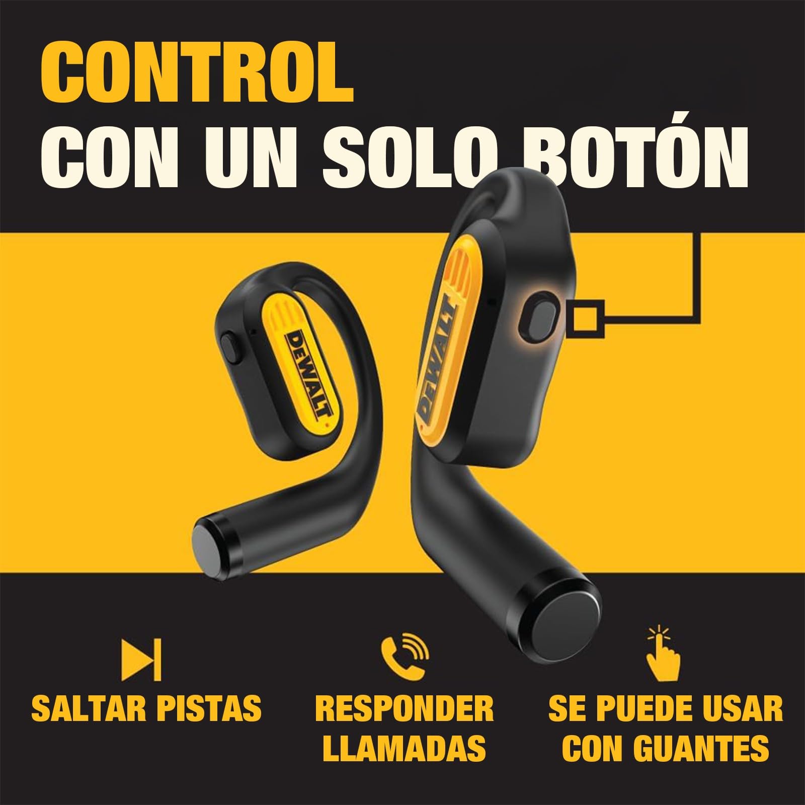DEWALT Heavy Duty Open Ear Headphones Bluetooth 5.3, Auriculares Open Ear Inalámbricos IP55, 44H Autonomía, True Wireless Air Conduction con Earhooks para Trabajo, Deporte y Obra