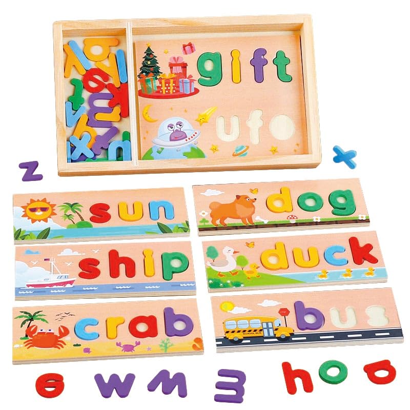 KUKUTrue® Montessori Toy for 3 4 5 6 7 8 Years, Educational Toys for 3+ Year Olds, Alphabet Puzzle, Wooden Box Spelling Word