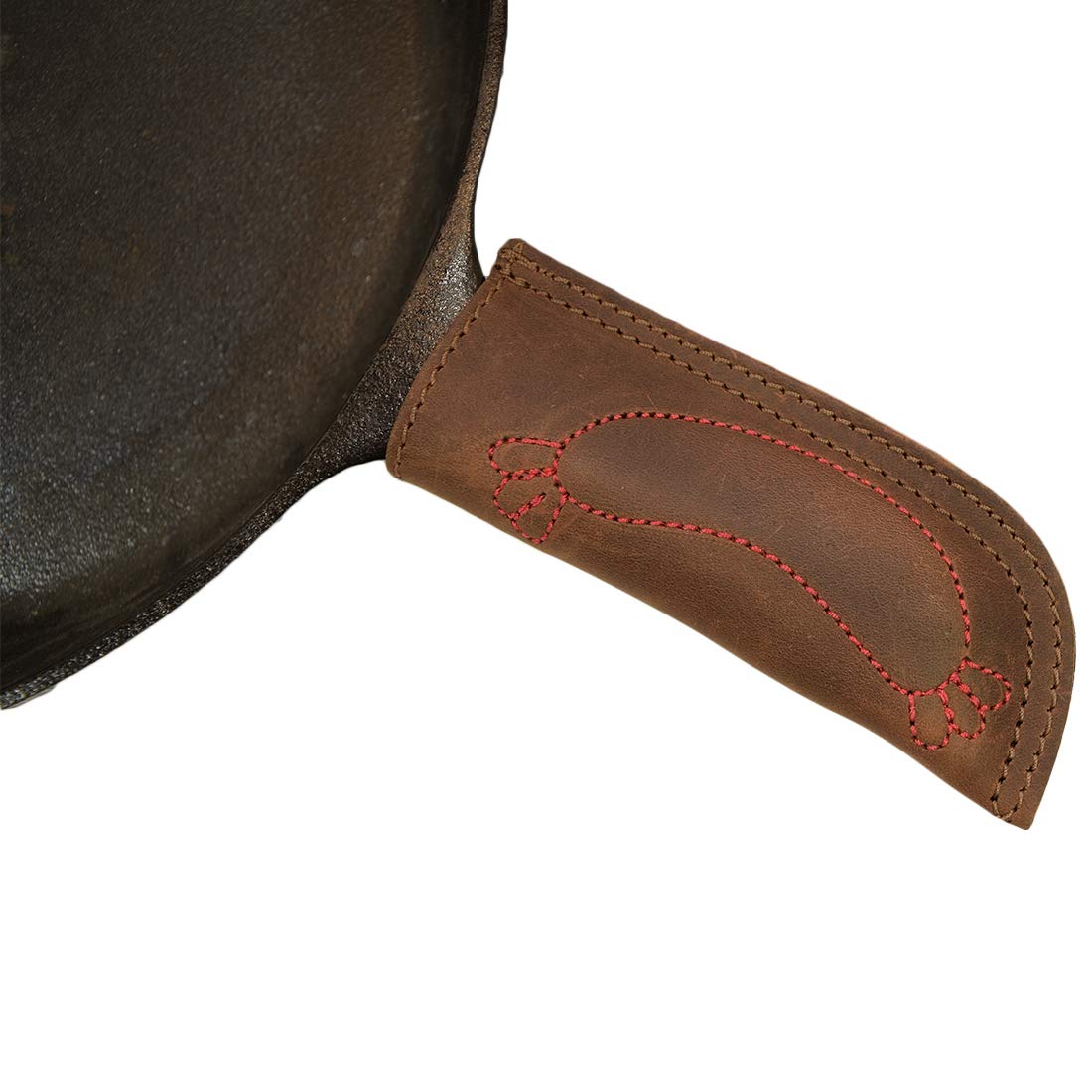 Hide & Drink, Leather Hot Handle Holder Sausage Design, Panhandle Potholder, Double Layered Stitched, Lodge Cookware Skillet, Handmade :: Bourbon Brown
