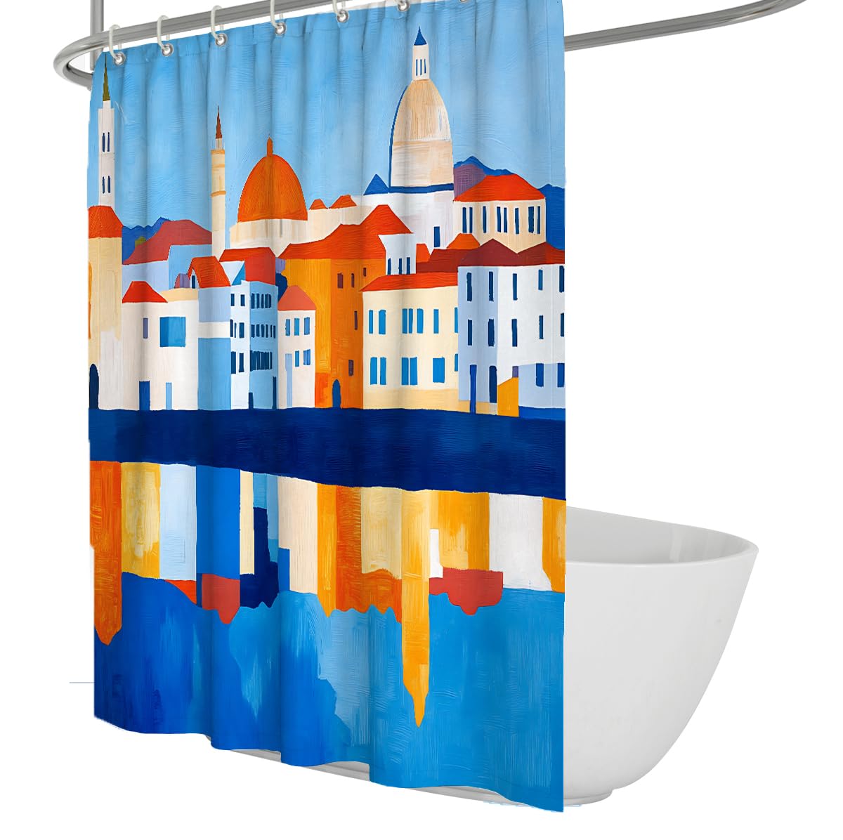 OLLIAR Home Colorful Shower Curtain 90x180 Coastal Rustic Seaside Town Reflection Watercolor Shower Curtains Set Polyester Fabric Bathroom Curtains with Hooks