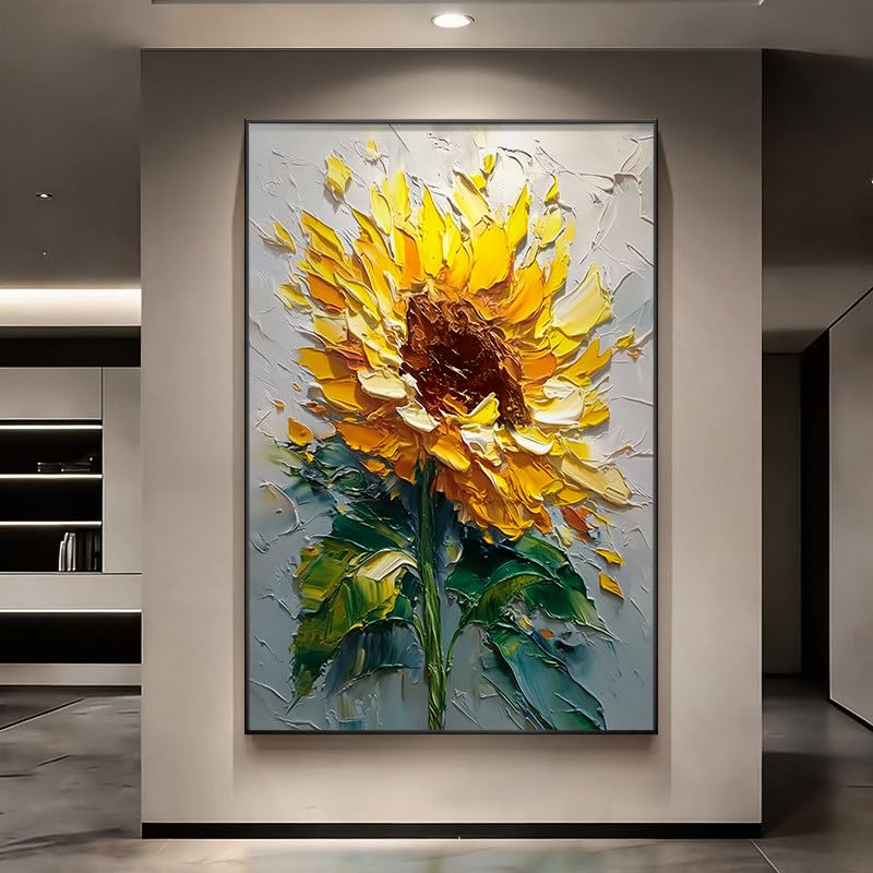 Peinture à l'huile tournesol faite main, toile d'art moderne texturée sans cadre 50x50 cm