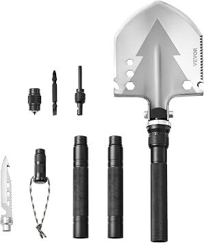 VEVOR Survival Shovel, 11 in 1 Camping Shovel Folding Multitool Kit, Portable and Compact, Stainless Steel, Multifunction for Off-Roading, Camping, Hiking, Outdoor, Survivalist and Emergency