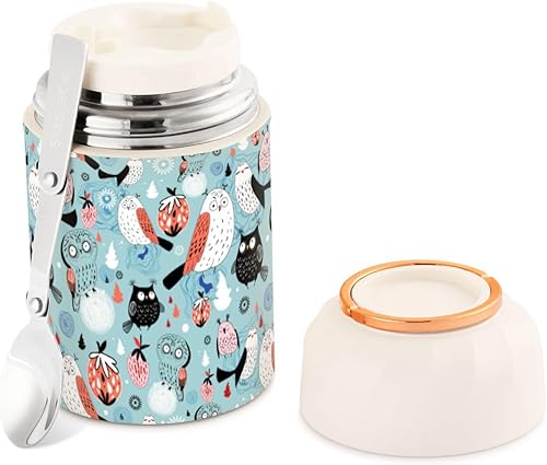 MCHIVER Owls Food Jar with Spoon Stainless Steel Vacuum Insulated Food Container 17 oz Soup Thermos for Adults