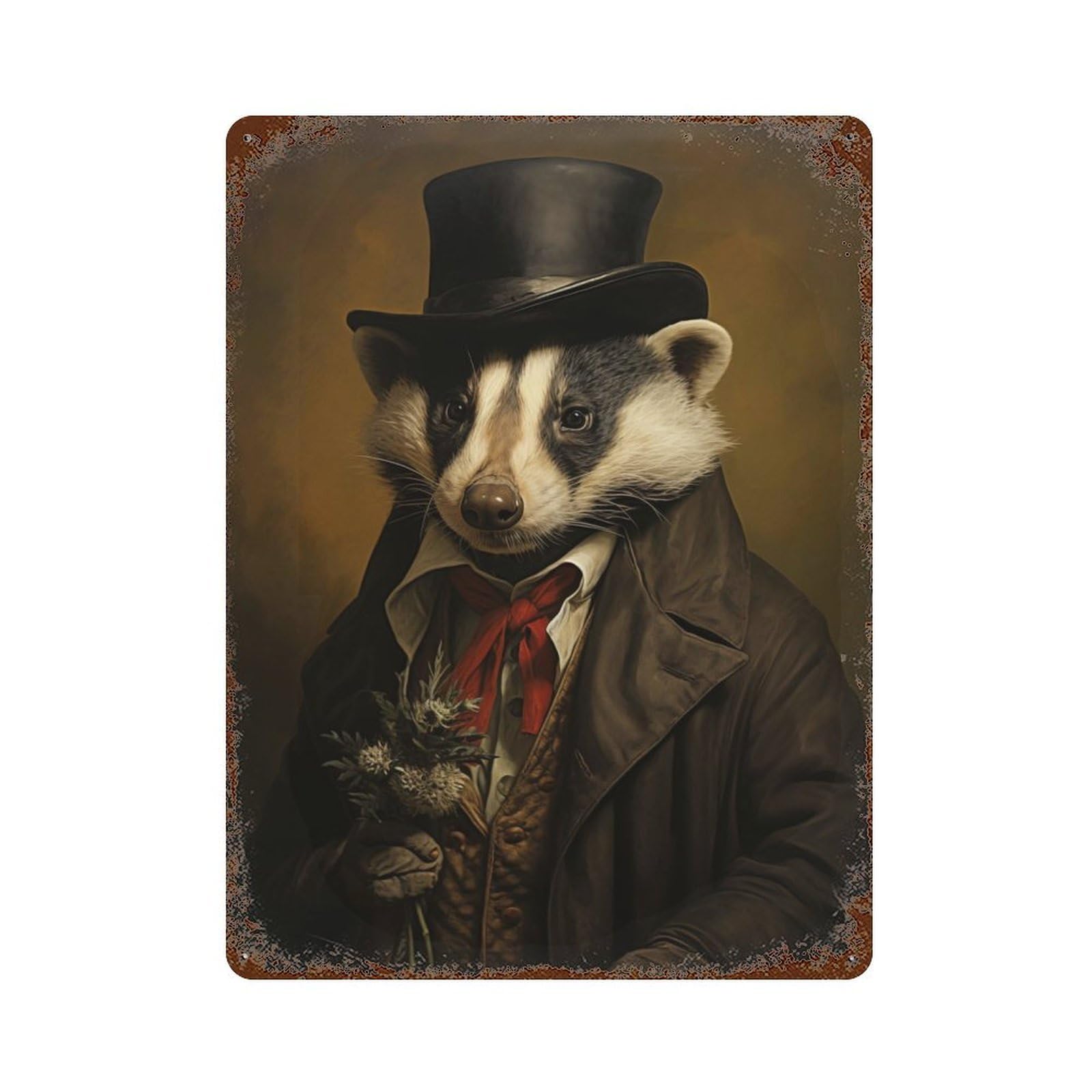 Vintage Metal Tin Sign with Sophisticated Badger Design 15.7"x11.8", for Living Room, Hallway And Home Decor, Retro Wall Decor