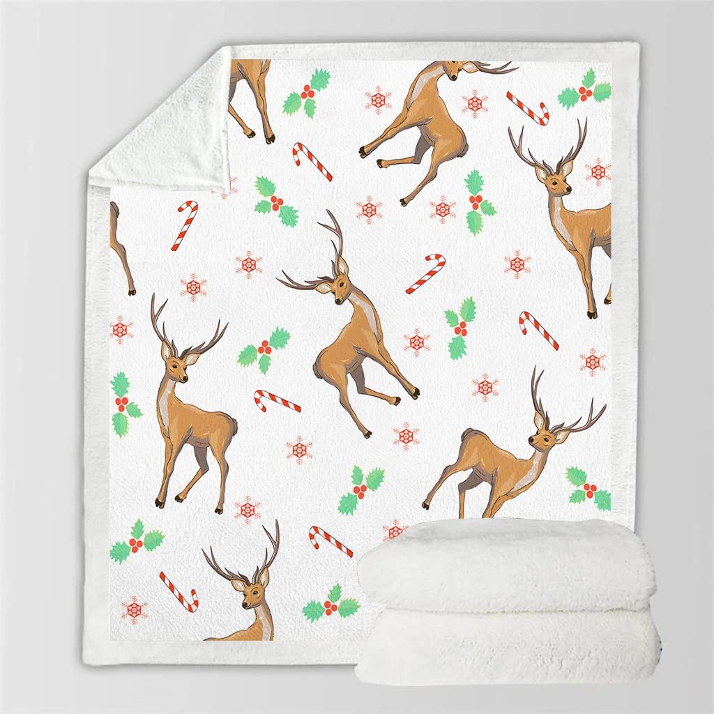 Blanket Throw Size Christmas Deer Fleece Blankets Warm Fluffy, Soft Blankets for Bed Sofa Bedspread, Lightweight Throw Blanket for Couch Travel Camping, 50x60 Inches