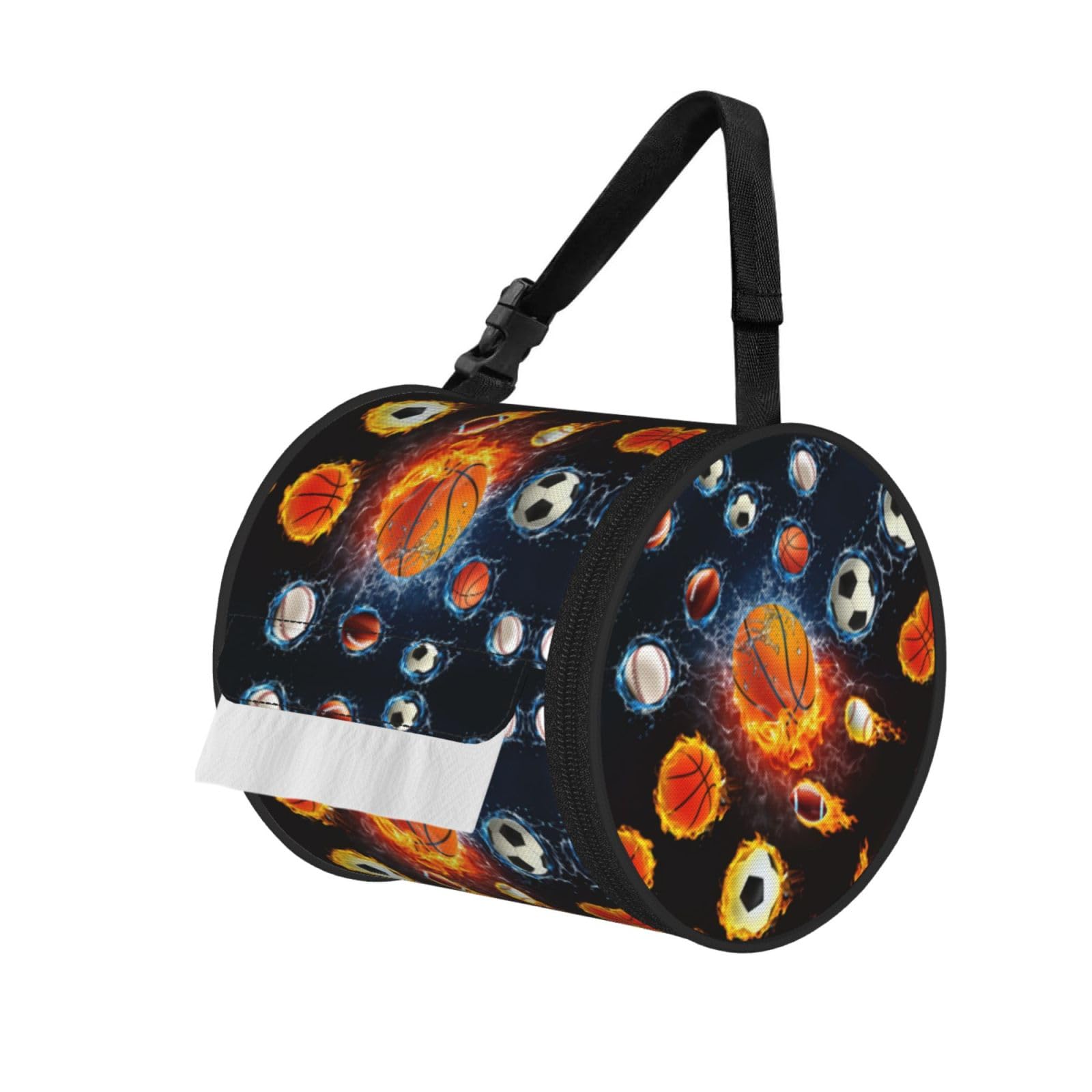Water Fire Basketball Print Round Tissue Dispenser Bag With Carry Strap, Portable Roll Holder For Car Travel Home