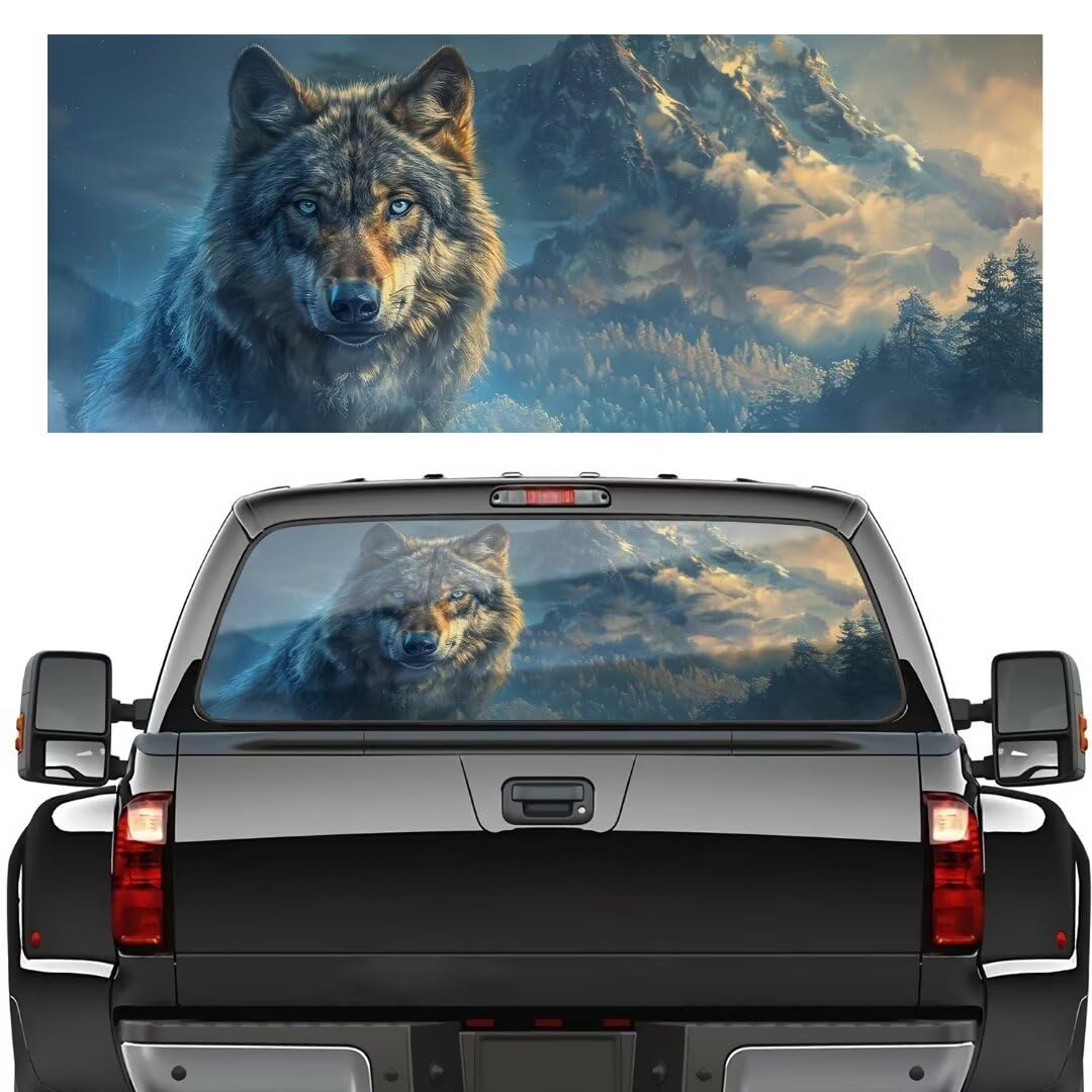 Wolf Pattern Truck Back Window Graphics - 66in x 20in Universal See-Through Rear Window Vinyl Wrap - Auto Back Full Window Windshield Decals for
