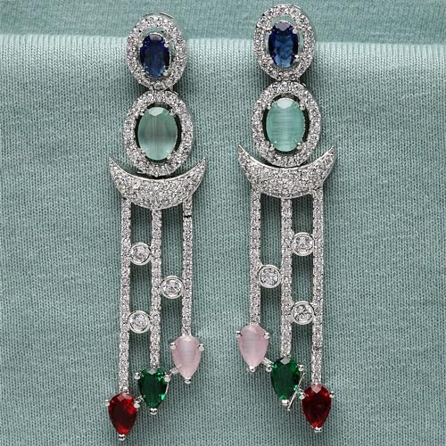 Rhodium-Plated AD Crescent Drop Earrings