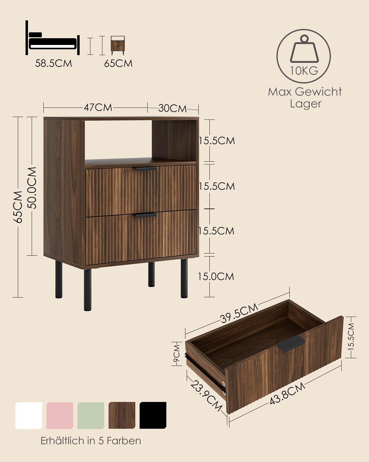 Nachttisch mit 2 Schubladen, Nachtschrank Holz, Walnuss