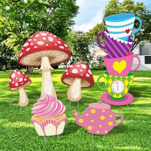 X-Kingsun 6Pcs Tea Party Decorations Wonderland Party Yard Decor Garden Tea Yard Stakes Stacked Teacups Teapot Mushroom with Brackets Large Lawn Garden Sign