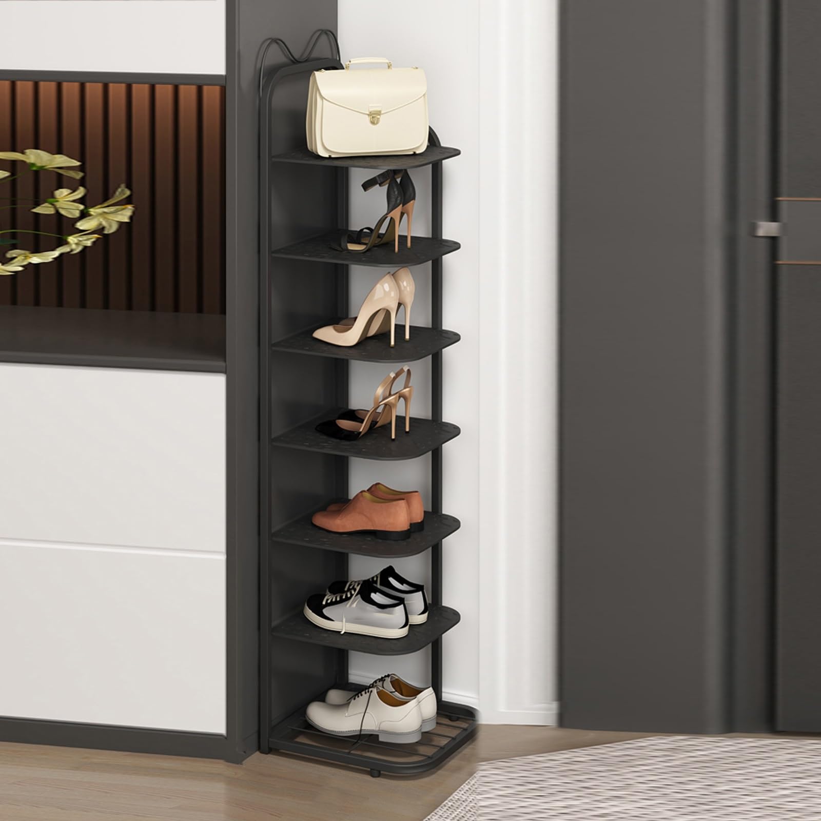 POLGDW 10 Tier Narrow Vertical Shoe Rack Slim Shoe Cabinet nizer for Entryway Space Saving Shoe Shelf Tower (Color: Black Size: 7 Tier)