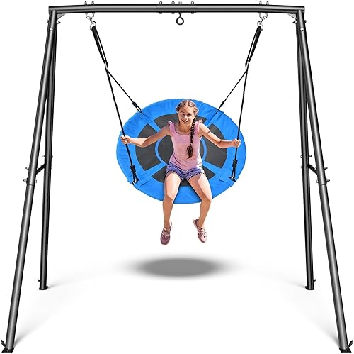 Trekassy Columpio de platillo con marco para niños al aire libre, juego de columpio de 440 libras con soporte de metal resistente para patio