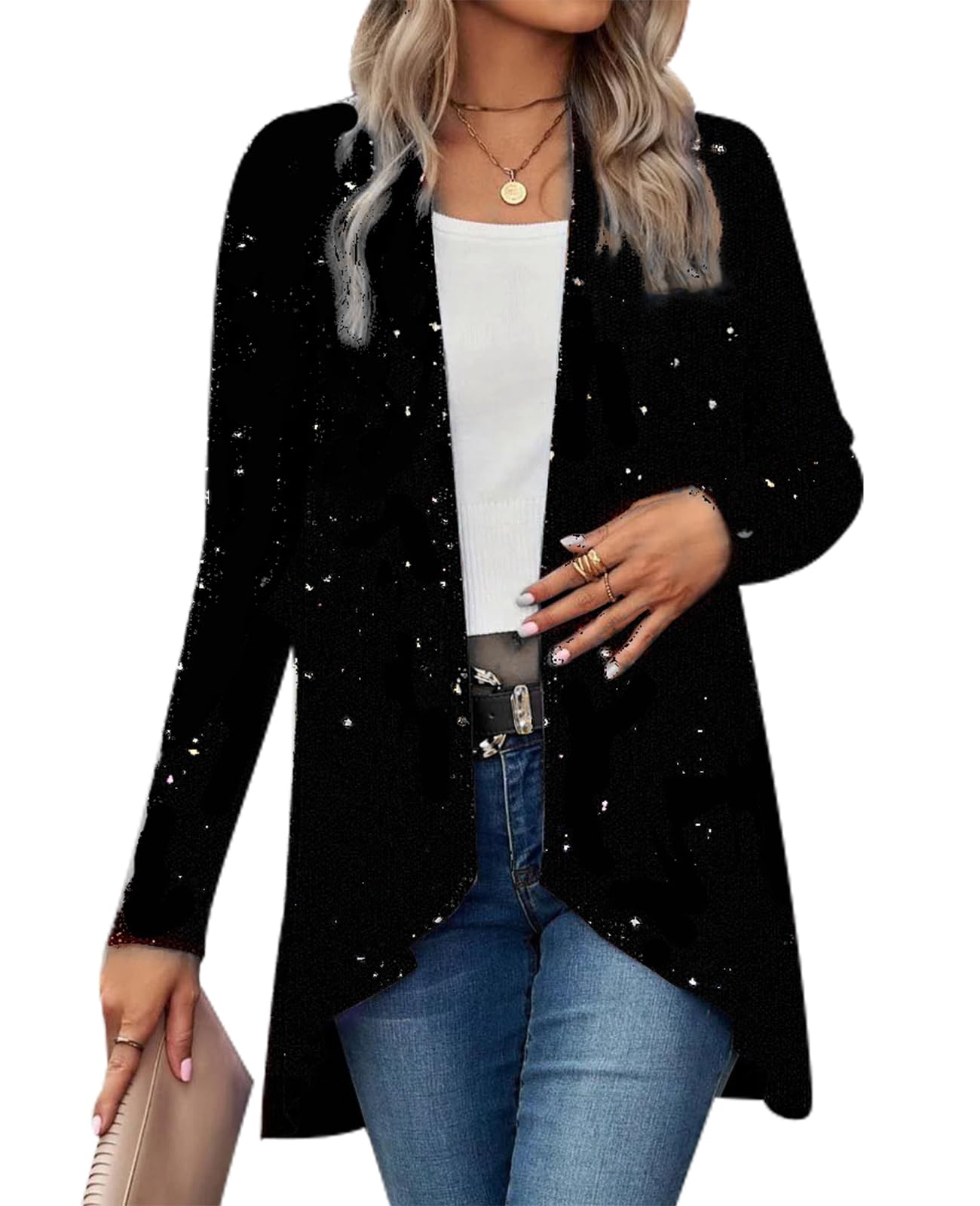 MINTLIMIT Womens Sequin Cardigan Casual Long Sleeve Ruffle Hem Sparkly Party Coat Open Front Glitter Cardigans