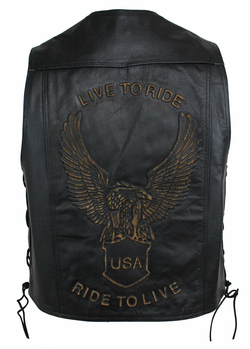 EURO STARS Lederweste Herren mit Druckknopf und Beige Adler-Prägung, Lederkutte, Motorrad Lederweste, Biker Lederweste, Clubweste, Chopper Kutte, Rockerweste, Kutte