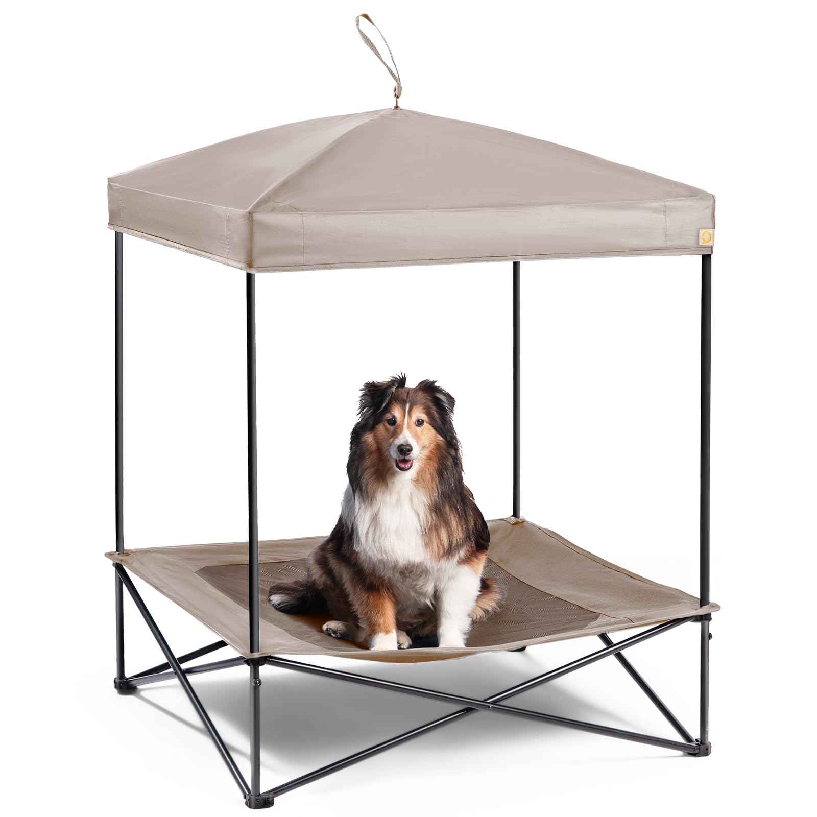 CANINE CANYON Piper Pop-Up Canopy Cot - Large Foldable Elevated Dog Bed with Waterproof Shade, Cooling Mesh, Heavy Duty up to 110 lbs, Perfect for Camping and Home, Tan, 35"x 35"