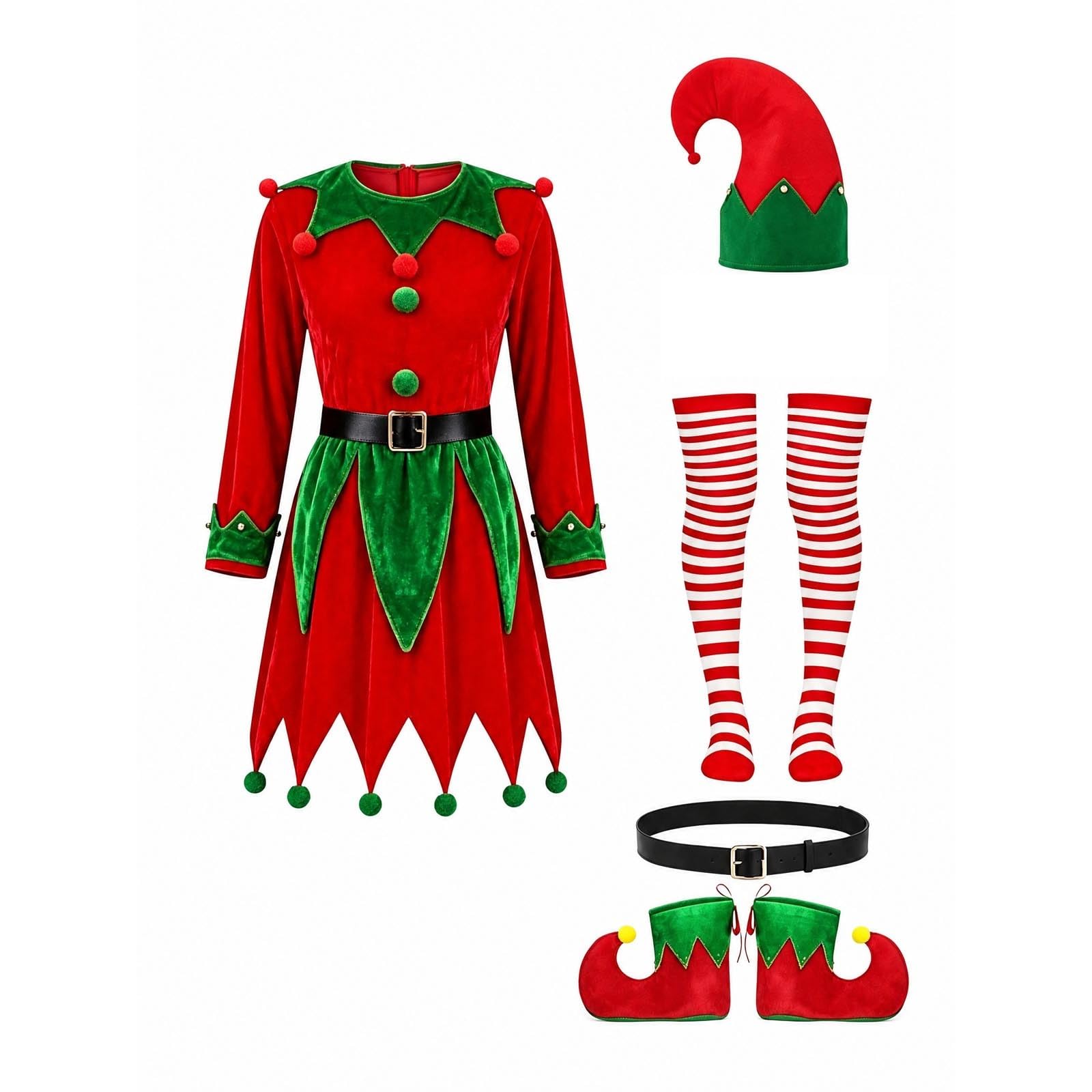 Christmas Elf Costume Womens, Red Green Elf Outfit with Hat Socks, Santa Helper Fancy Dress Womens Christmas Costume, for Christmas Party Cosplay