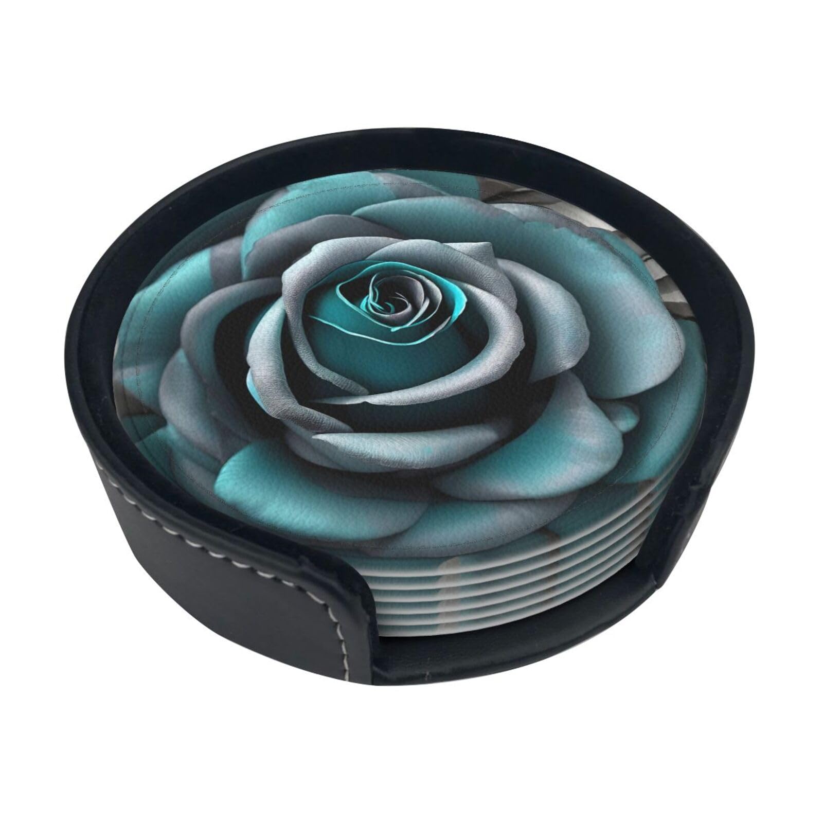 Teal Gray Rose Print Round Coasters Set Of 6,Coaster For Tabletop Protection Home Bar Decor
