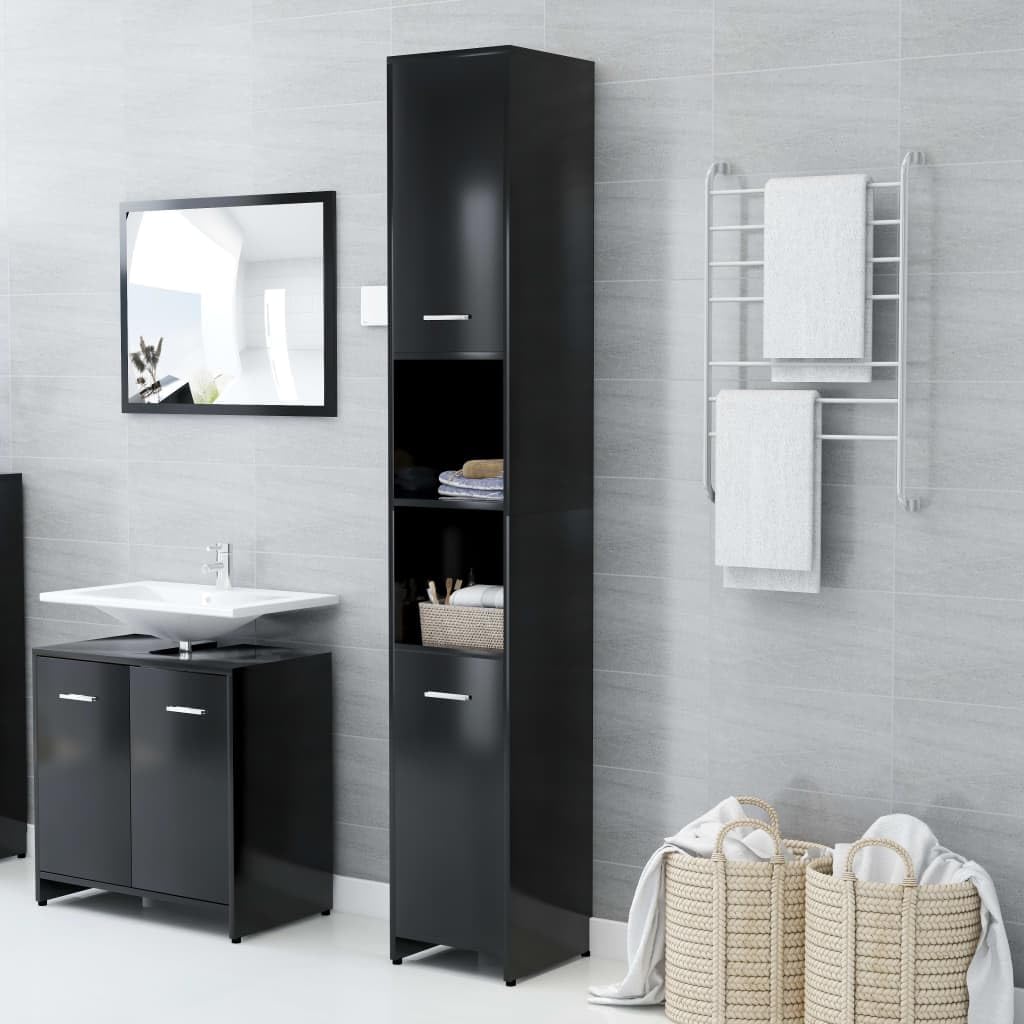 Gabinete de baño negro para organizar espacios reducidos con diseño elegante de madera