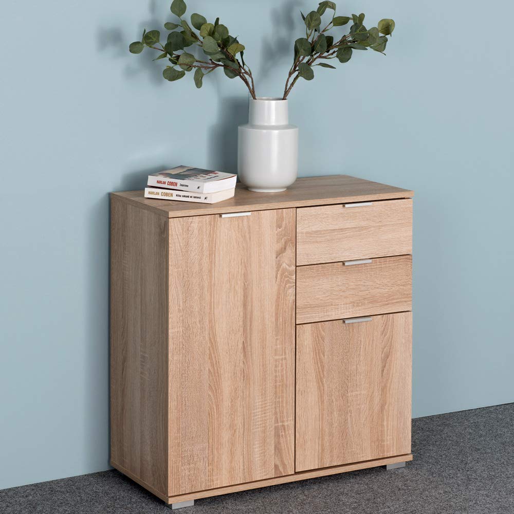Casaria® Cassettiera Alba 2 Cassetti 2 Ante 71x74x35 cm Mobile Comò Entrata Credenza Effetto Legno Mobiletto Ingresso